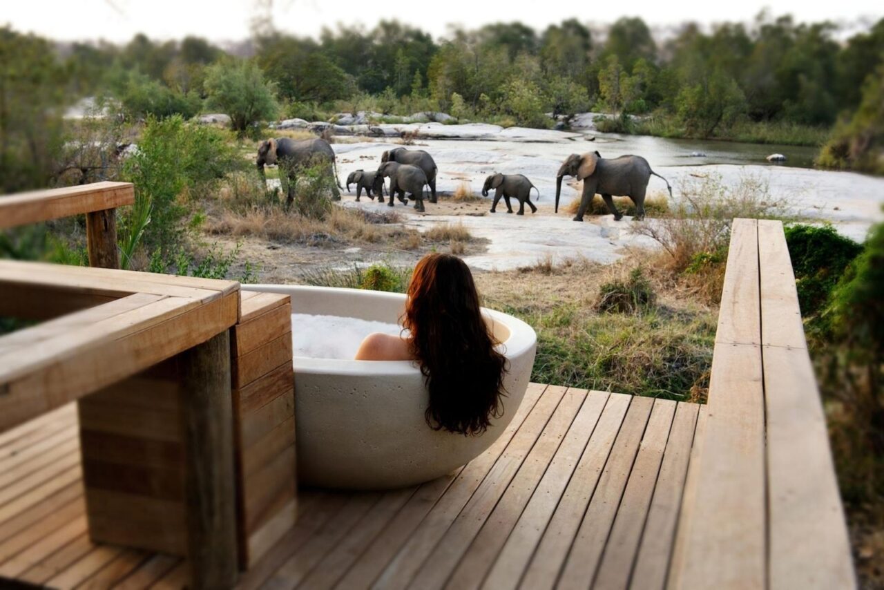 A woman with dark hair lies in a bathtub on a terrace, overlooking a river where a family of elephants are walking by. Londolozi Granite Suites.