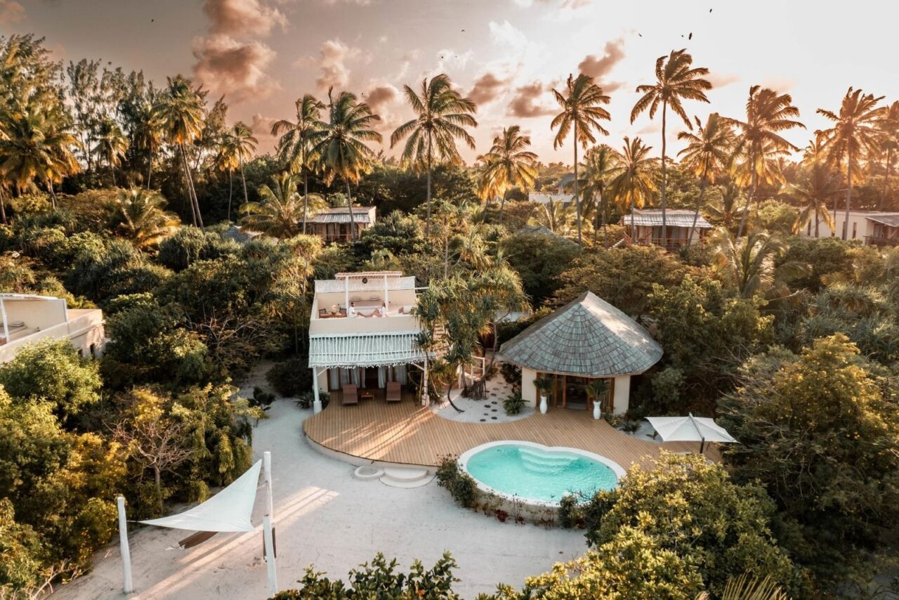 Aerial view of Zanzibar White Sand Luxury Villas & Spa. A villa with a small plunge pool at the frount, surrounded by palm trees and white sand.